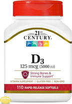 21st Century Healthcare Vitamina D3 125 mcg (5000 IU) Cápsulas Blandas de Liberación Rápida, 110 Unidades