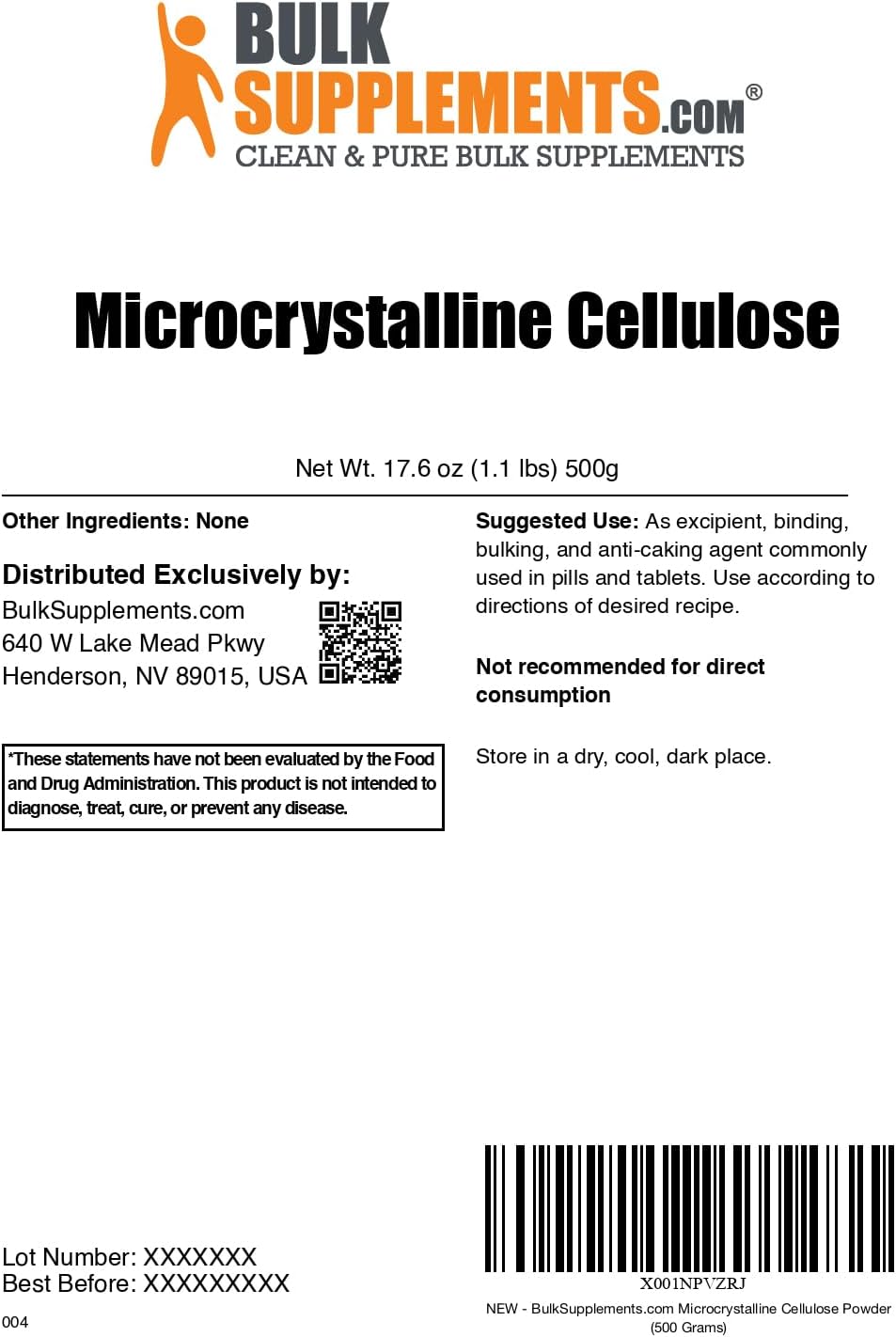 Polvo de Celulosa Microcristalina - MCC Grado Alimenticio - Excipiente, Aglutinante y Antiaglomerante, 500g