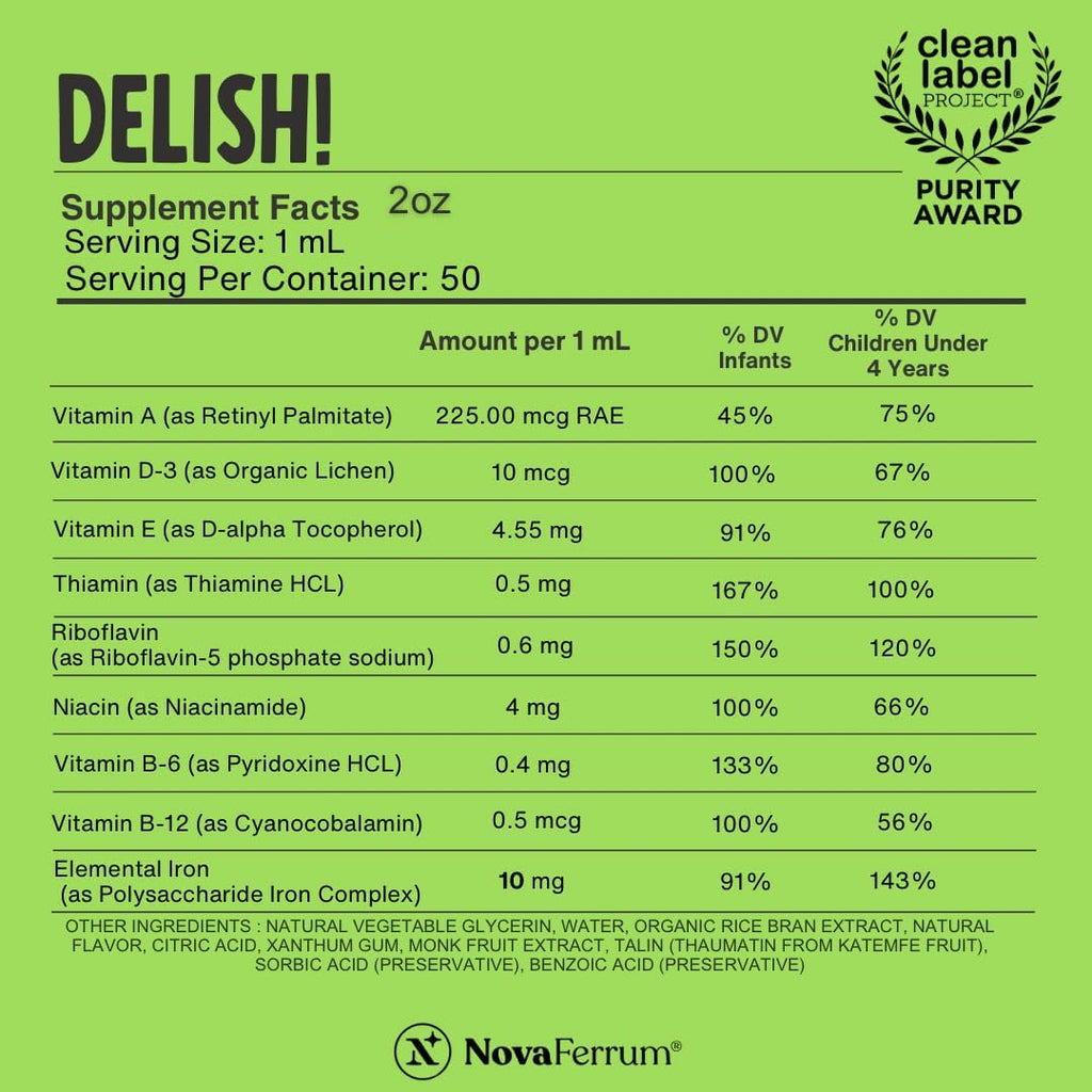 NovaFerrum Delish | Multivitamínico Vegano con Hierro para Bebés y Niños | Con Vitamina D3 Orgánica | Sin Gluten, Sin Azúcar | 50 ml