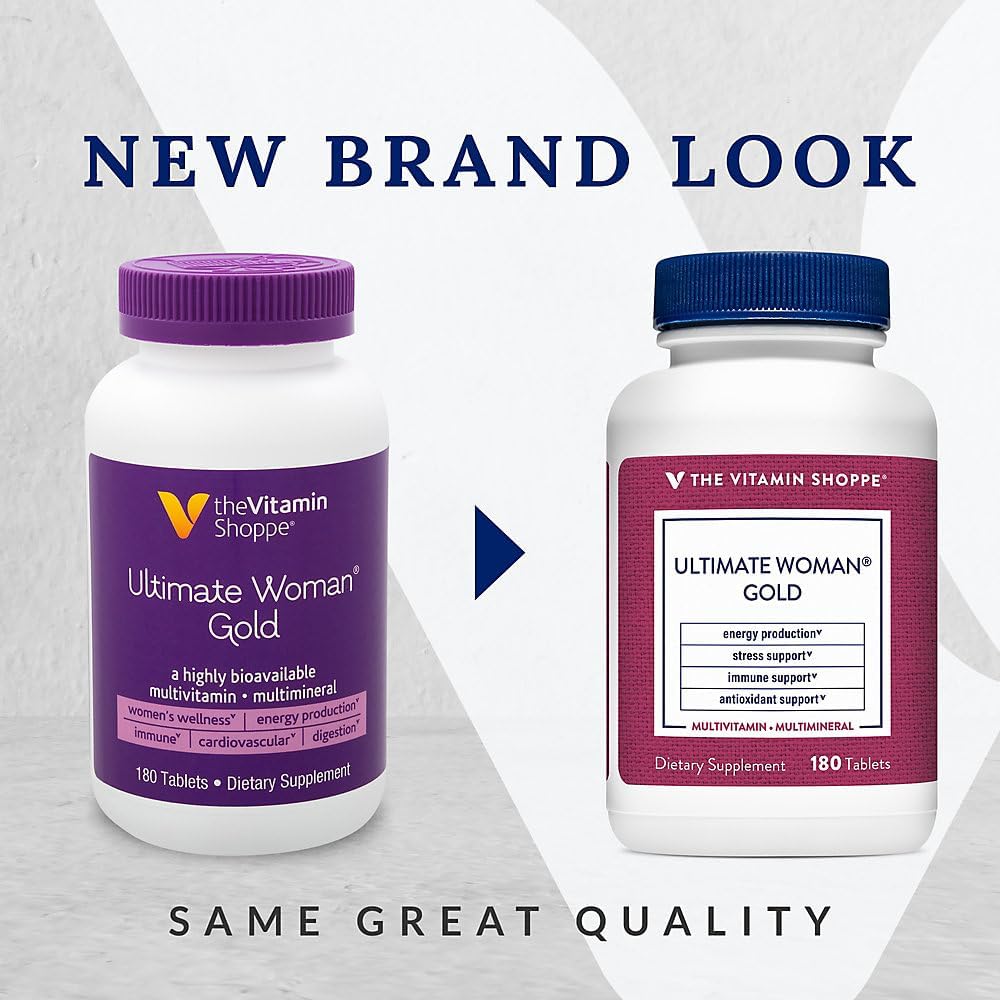 The Vitamin Shoppe Ultimate Woman’s Gold Multivitamínico con Hierro, Vitaminas B y Vitamina D3, Multivitamínico Diario para Mujeres para la Producción de Energía, Salud Ósea e Inmunológica, Sin Gluten, 180 Comprimidos