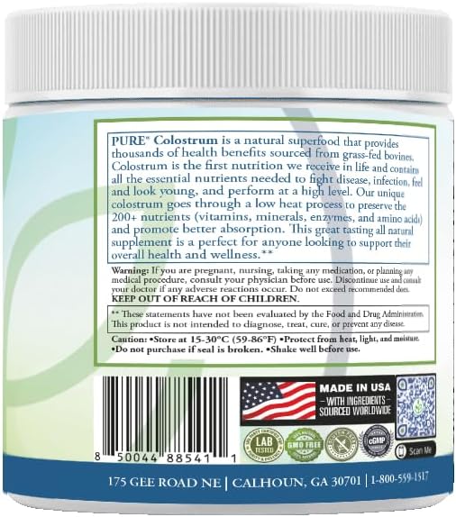 PURE® Grass-Fed Colostrum Powder - 90 Servicios - 1000mg de Colostro Bovino por Cazo