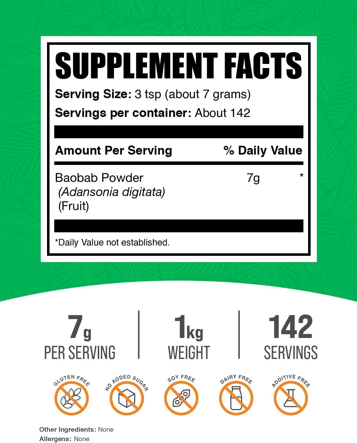 Baobab en Polvo - Suplemento de Fruta de Baobab, Antioxidante Natural, Sin Gluten, 1 kg
