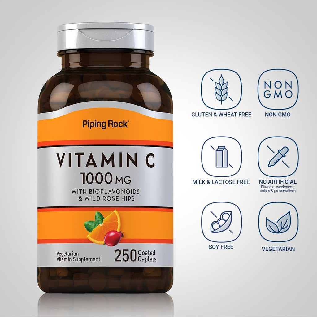 Piping Rock Vitamina C 1000 mg | 250 Caplets | con Bioflavonoides y Escaramujo | Vegetariano, No-OGM, Sin Gluten