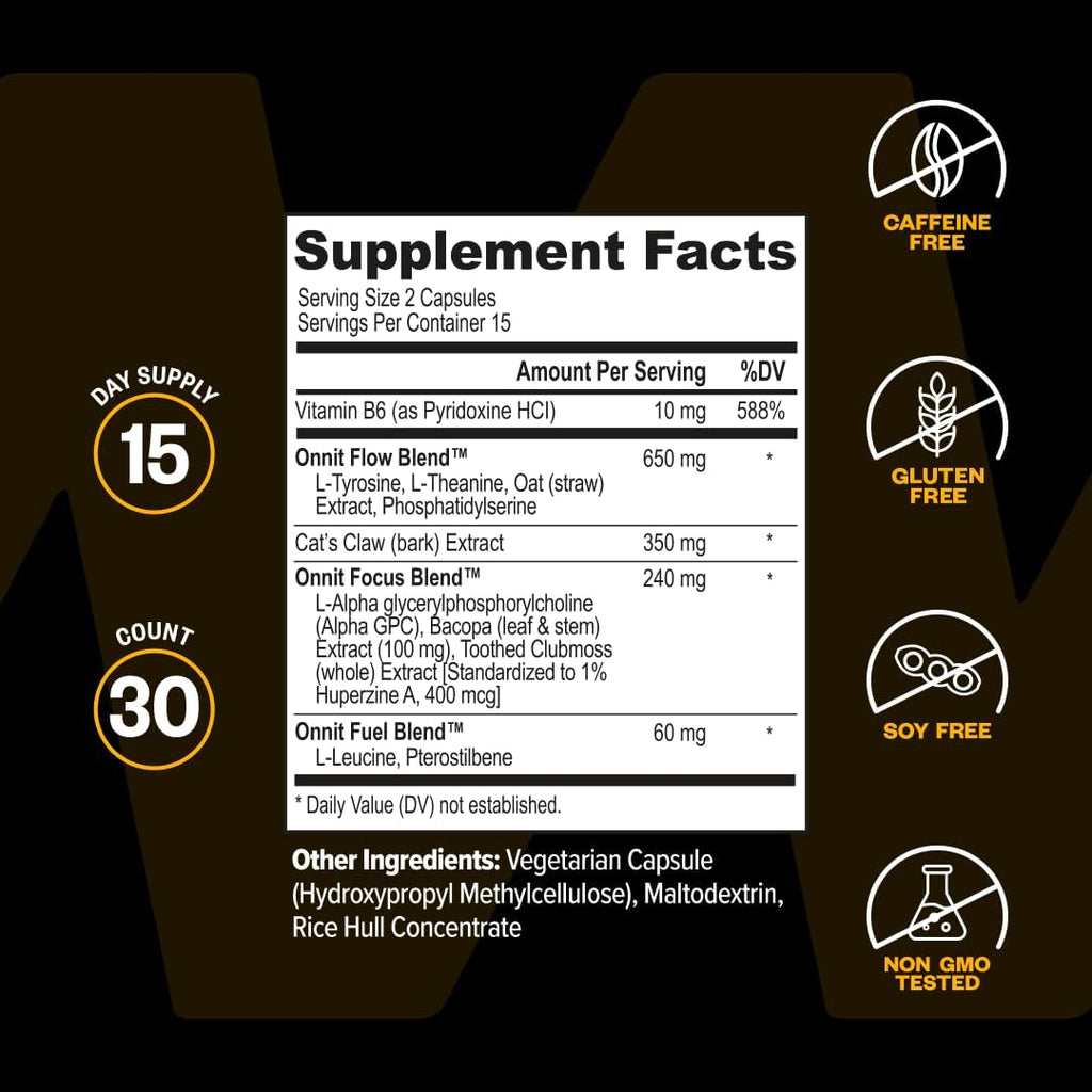 ONNIT Alpha Brain - Suplemento Nootrópico para Concentración, Memoria y Claridad Mental con L-Teanina y Vitamina B6, 30 Cápsulas