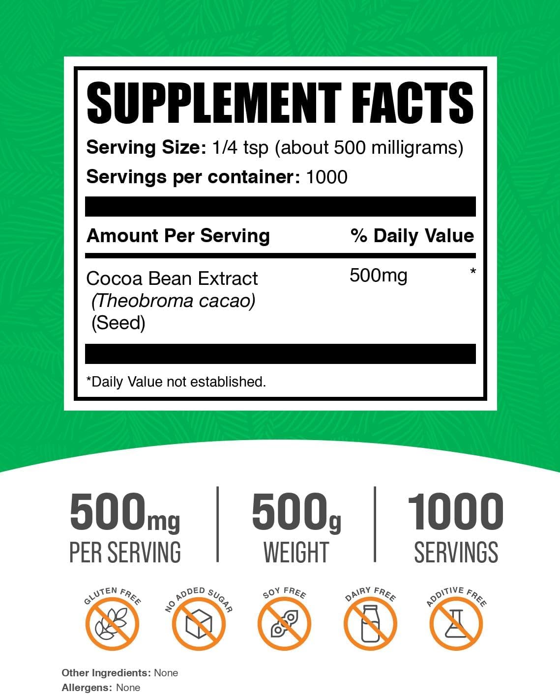 BulkSupplements Extracto de Cacao en Polvo - Suplemento de Cacao Sin Endulzar, Vegano y Sin Gluten, 500mg por Ración, 500g