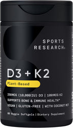 Sports Research® Vitamina D3 + K2 con 10.000 UI de D3 vegetal y 100 mcg de Vitamina K2 como MK-7 | Certificado Vegano y No GMO 60 cápsulas