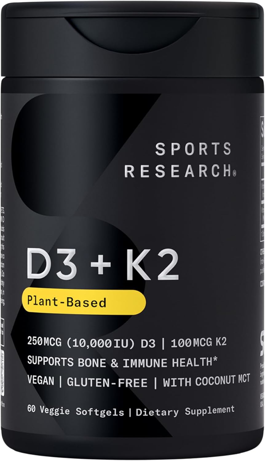 Sports Research® Vitamina D3 + K2 con 10.000 UI de D3 vegetal y 100 mcg de Vitamina K2 como MK-7 | Certificado Vegano y No GMO 60 cápsulas