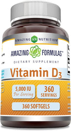 Amazing Formulas Vitamina D3 (Colecalciferol) | 5000 IU por Porción | 180 Cápsulas Blandas | No-GMO, Sin Gluten