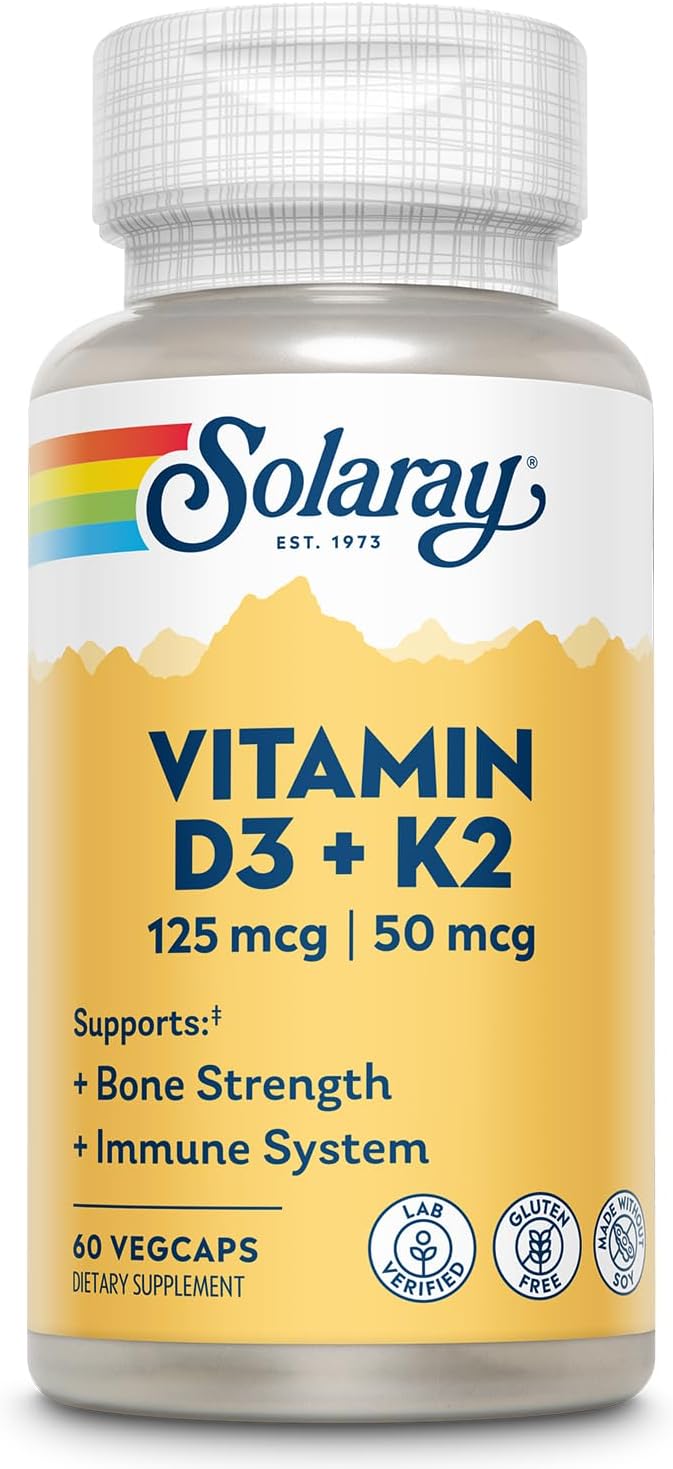 SOLARAY Vitamina D3 K2, Suplemento de Vitamina D3 y K2 para la Absorción de Calcio, Salud Ósea y Apoyo Inmunológico, Sin Soja, 60 Cápsulas Veganas