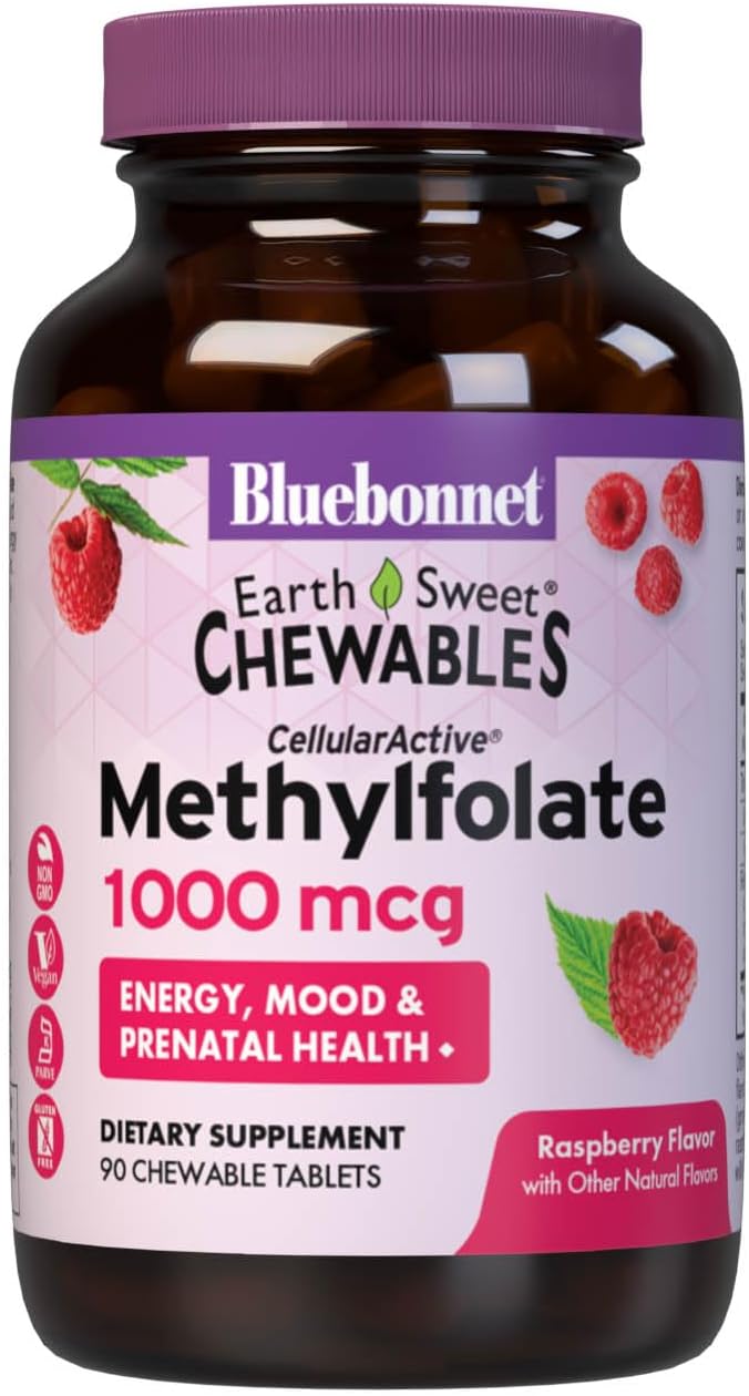 Bluebonnet EarthSweet Methylfolate 1000 µg - Folato Activo 5-MTHF - 90 Comprimidos Masticables Sabor Frambuesa