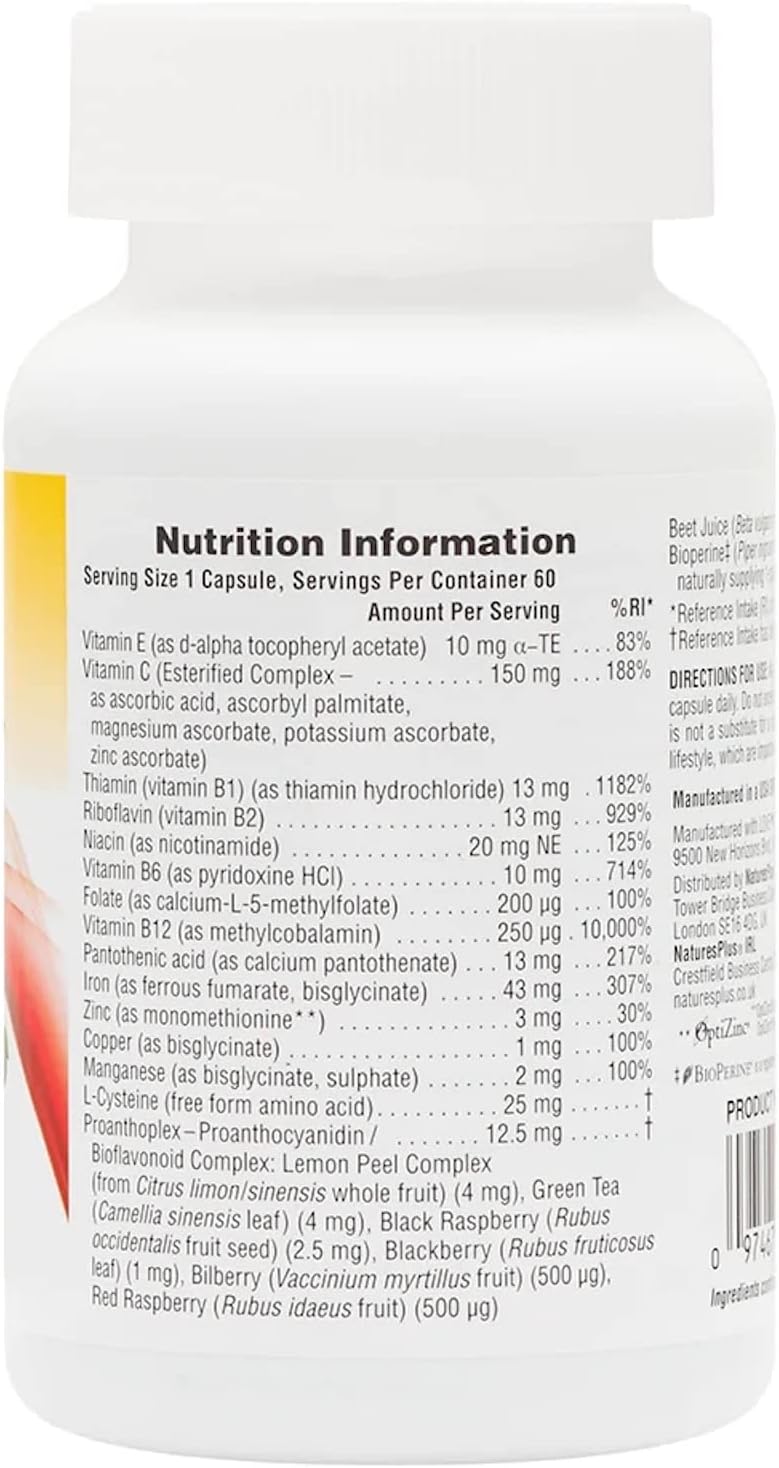 NaturesPlus Hema-Plex Iron - Hierro Quelado 85 mg con Vitamina C y Bioflavonoides - 60 Cápsulas - Vegano, Sin Gluten