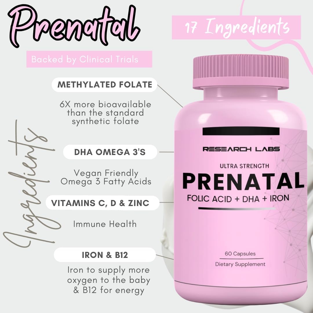 Research Labs Vitaminas Prenatales para Mujeres: Ácido Fólico Metilado 6x Más Biodisponible | Apoya el Desarrollo Saludable
