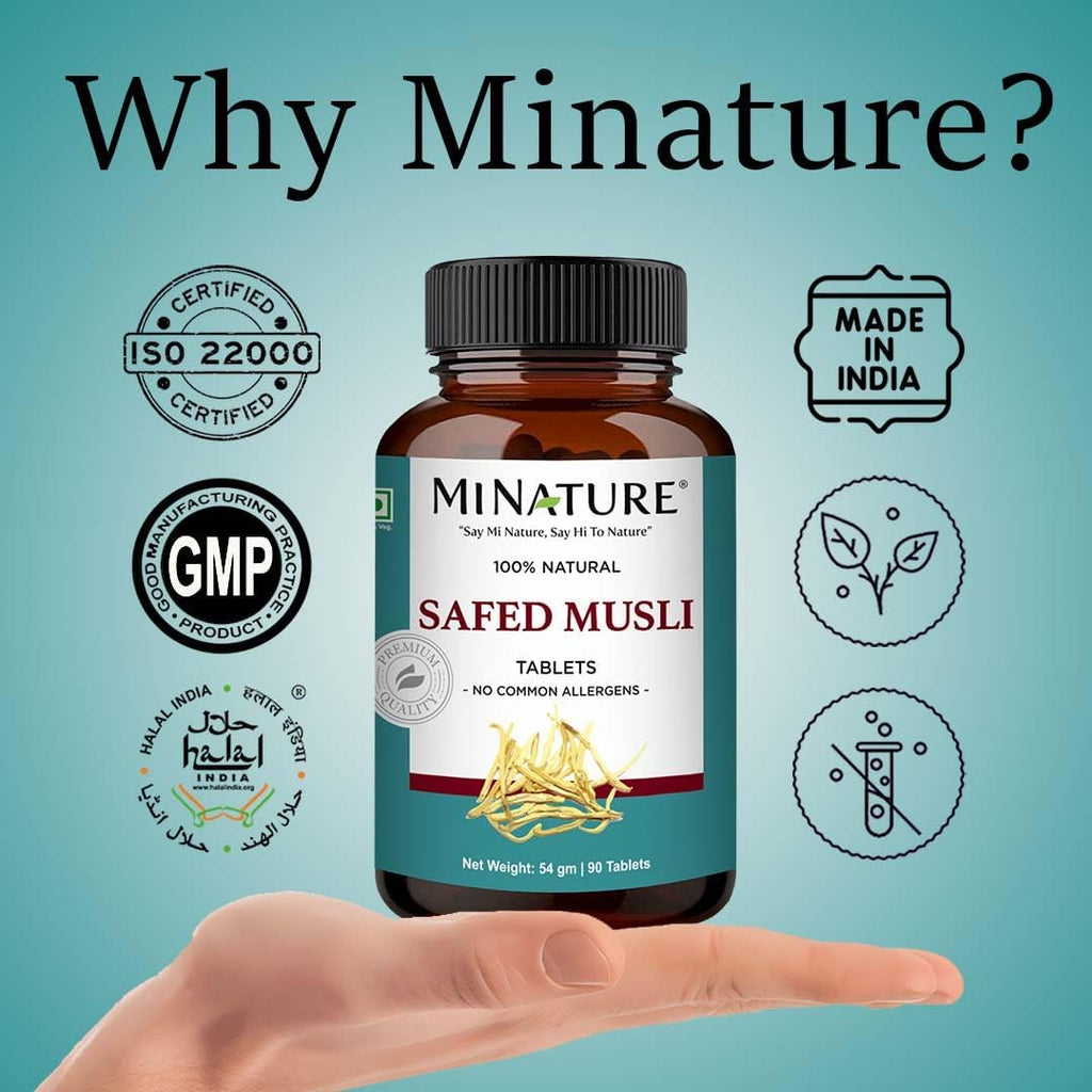 Safed Musli Tablets by mi Nature | Pura Hierba Natural | Sin Químicos ni Conservantes | Vegano y Sin Gluten | 90 Tablet, 45 Días de Suministro 1000mg