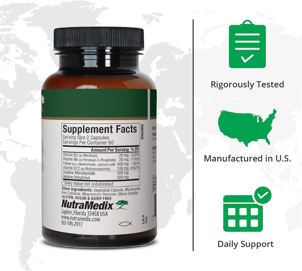 NutraMedix Methyl Complete - Cápsulas Completo para Metilación y Energía - Vitamina B2, B6, B12 y Folato - con Monohidrato de Creatina y Betaína Anhidra (120 Unidades)