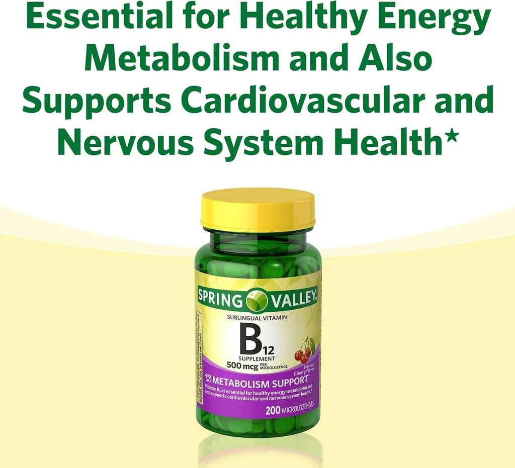 Sublingual B12 500 mcg - Spring Valley - Cherry Flavor - 200 comprimidos