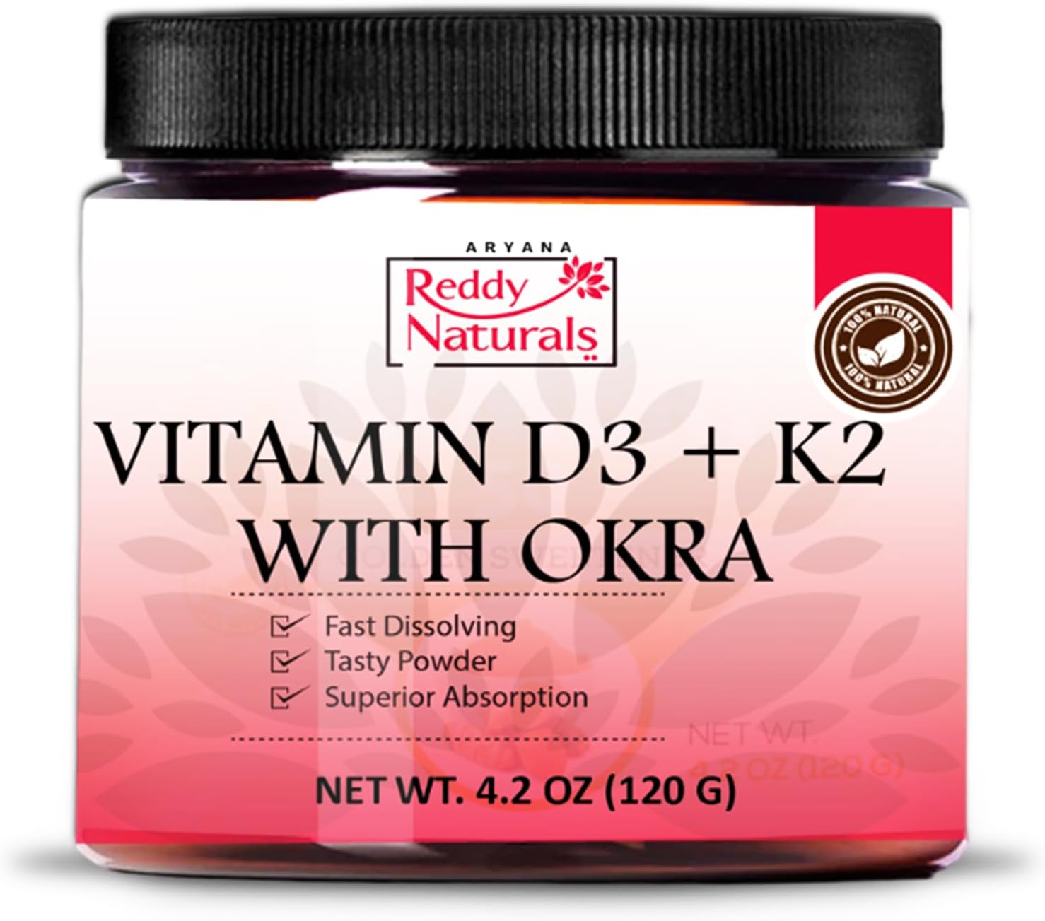 Reddy Naturals Vitamina D3 + K2 MK7 en Polvo con Okra, 120g (30 Dosis)