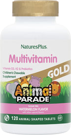 NaturesPlus Animal Parade Gold Children's Chewable Multivitamin - Natural Cherry Flavor - 120 Animal-Shaped Tablets - with Vitamin D3, K2 & Probiotics - Gluten-Free & Vegetarian - 60 Servings