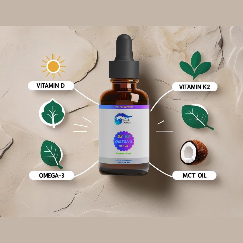 Wave Drops Vitamina D3 y K2 con Aceite MCT y Omega 3 - Gotas Líquidas, Sin Rellenos, No GMO, 59 ml