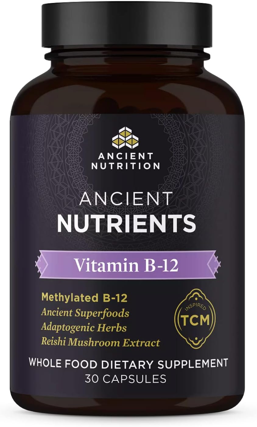 Ancient Nutrition Vitamina B12 Suplemento, Apoya el Metabolismo Energético y la Salud del Sistema Nervioso, Hierbas Adaptogénicas, Activado por Enzimas, Paleo y Keto Friendly, 30 Cápsulas