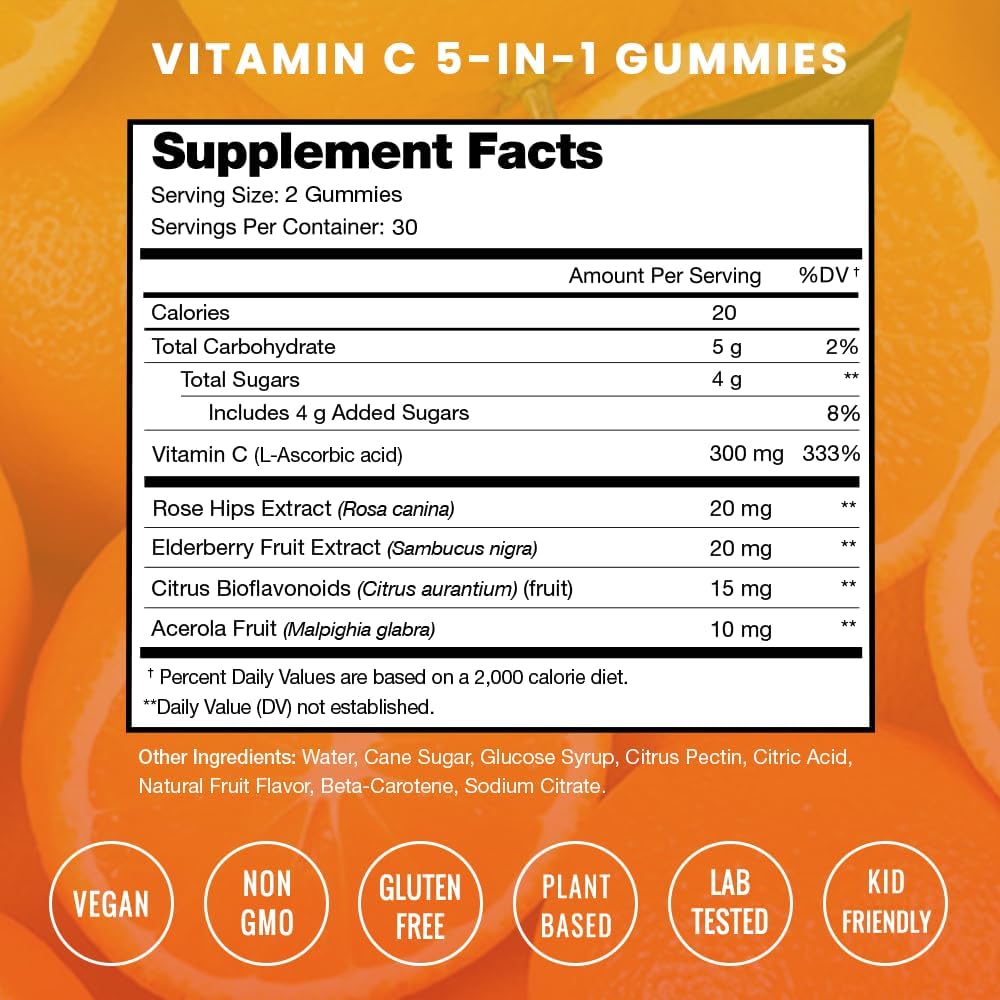 NutraChamps Vitamin C Gummies - 5 en 1 con Saúco, Escaramujo, Bioflavonoides Cítricos y Acerola (Pack de 2)