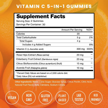 NutraChamps Vitamin C Gummies - 5 en 1 con Saúco, Escaramujo, Bioflavonoides Cítricos y Acerola (Pack de 2) – Image 3