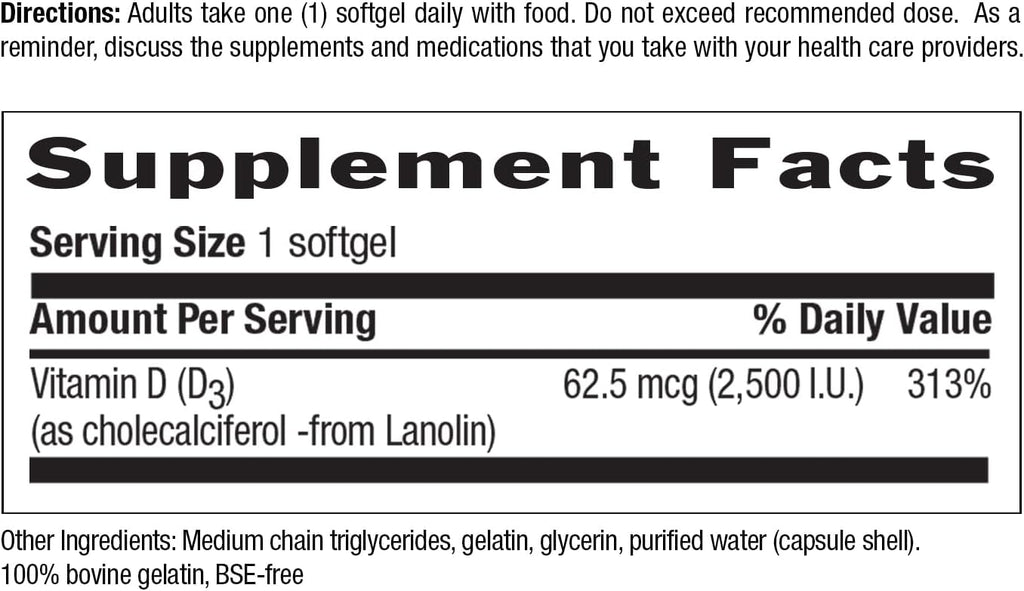 Country Life Vitamina D3 2500 UI - 60 Cápsulas Blandas Sin Gluten