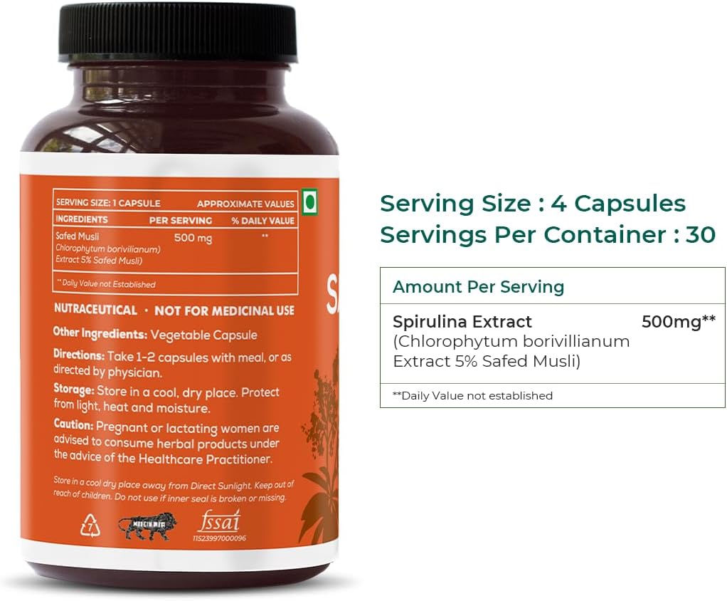 SAPTAMVEDA Cápsulas Naturales de Safed Musli, 500 mg cada una con Extracto, 60 Cápsulas (Paquete de 1)