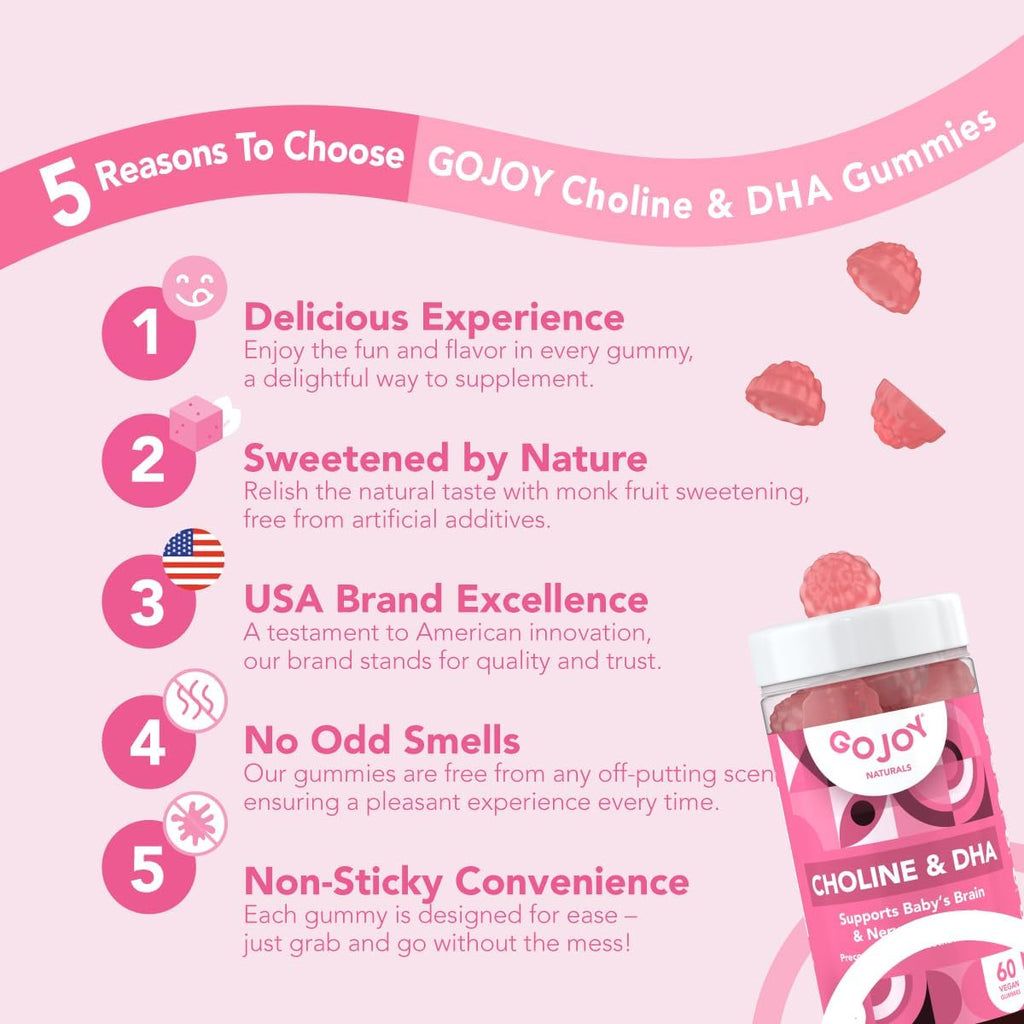 GOJOY NATURALS Gominolas prenatales con colina y DHA - Para preconcepción, embarazo y posparto - Colina bitartrato 250mg + DHA 150mg - Vegano, sin azúcar, no GMO