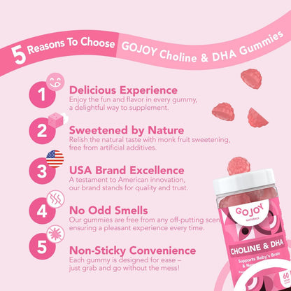GOJOY NATURALS Gominolas prenatales con colina y DHA - Para preconcepción, embarazo y posparto - Colina bitartrato 250mg + – Image 2