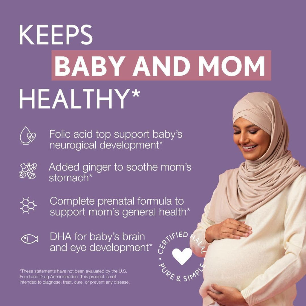 Noor Vitamins Vitaminas Prenatales Halal con DHA y Ácido Fólico, Jengibre, Hierro, 90 Cápsulas Blandas
