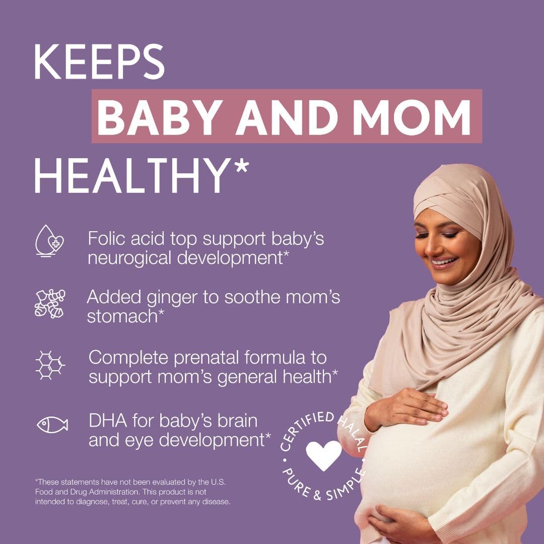 Noor Vitamins Vitaminas Prenatales Halal con DHA y Ácido Fólico, Jengibre, Hierro, 90 Cápsulas Blandas