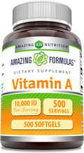 Amazing Formulas Vitamina A 10000 UI (3000 mcg) – Retinil Palmitato – 500 Cápsulas Blandas