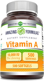 Amazing Formulas Vitamina A 10000 UI (3000 mcg) – Retinil Palmitato – 500 Cápsulas Blandas