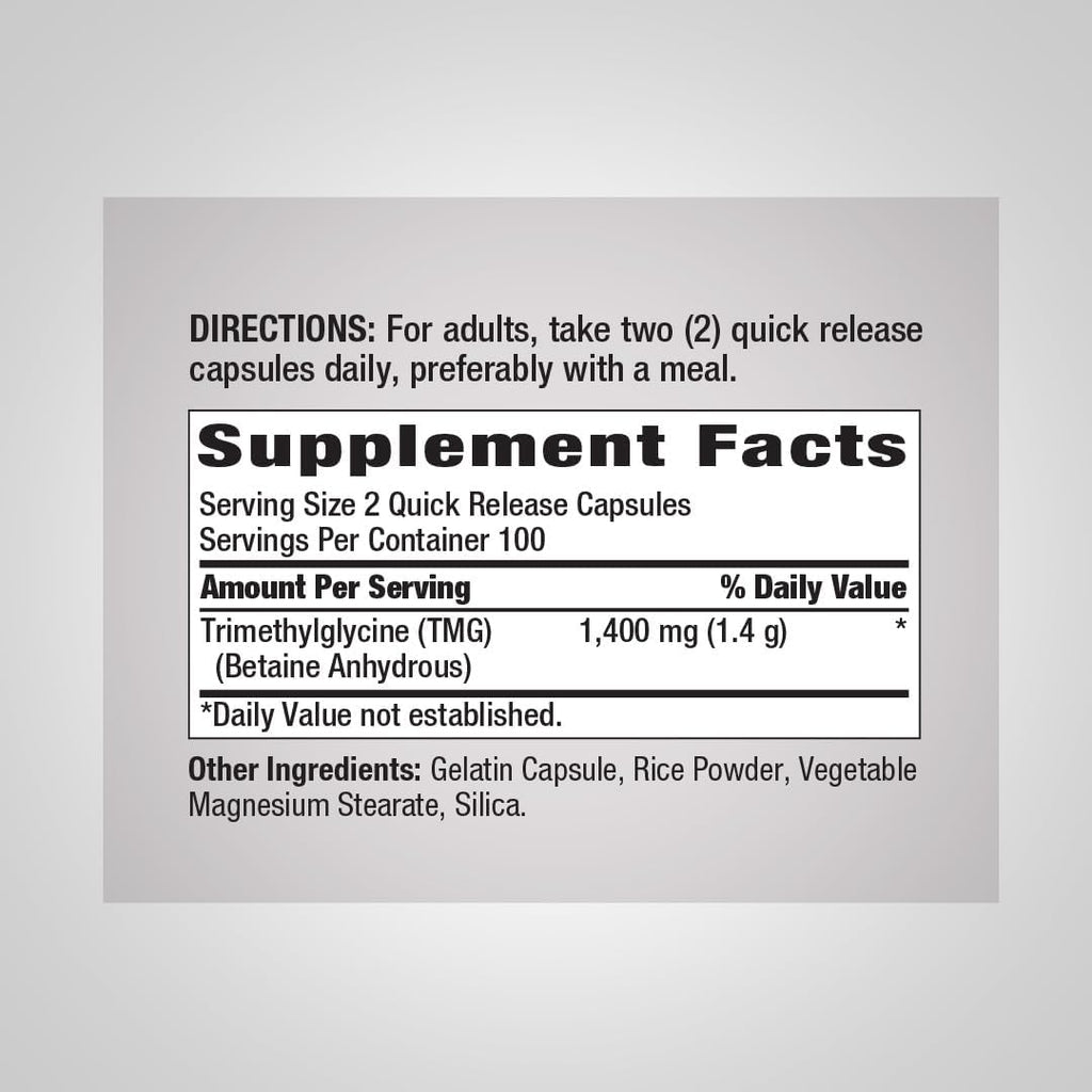 Piping Rock TMG Trimethylglycine | 1400 mg | 200 Cápsulas | Betaine Anhydrous Supplement | No Transgénico, Sin Gluten