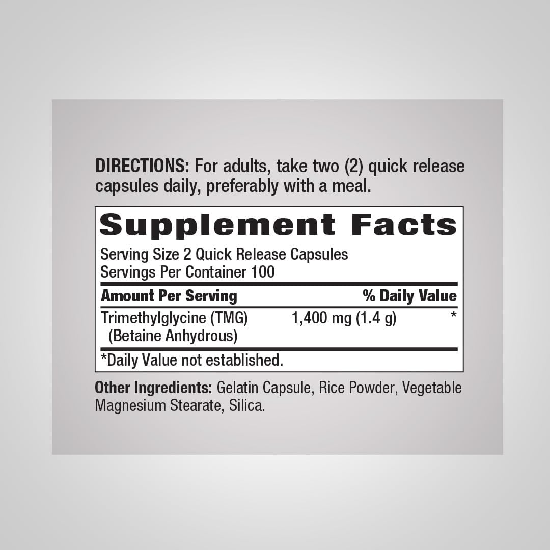 Piping Rock TMG Trimethylglycine | 1400 mg | 200 Cápsulas | Betaine Anhydrous Supplement | No Transgénico, Sin Gluten