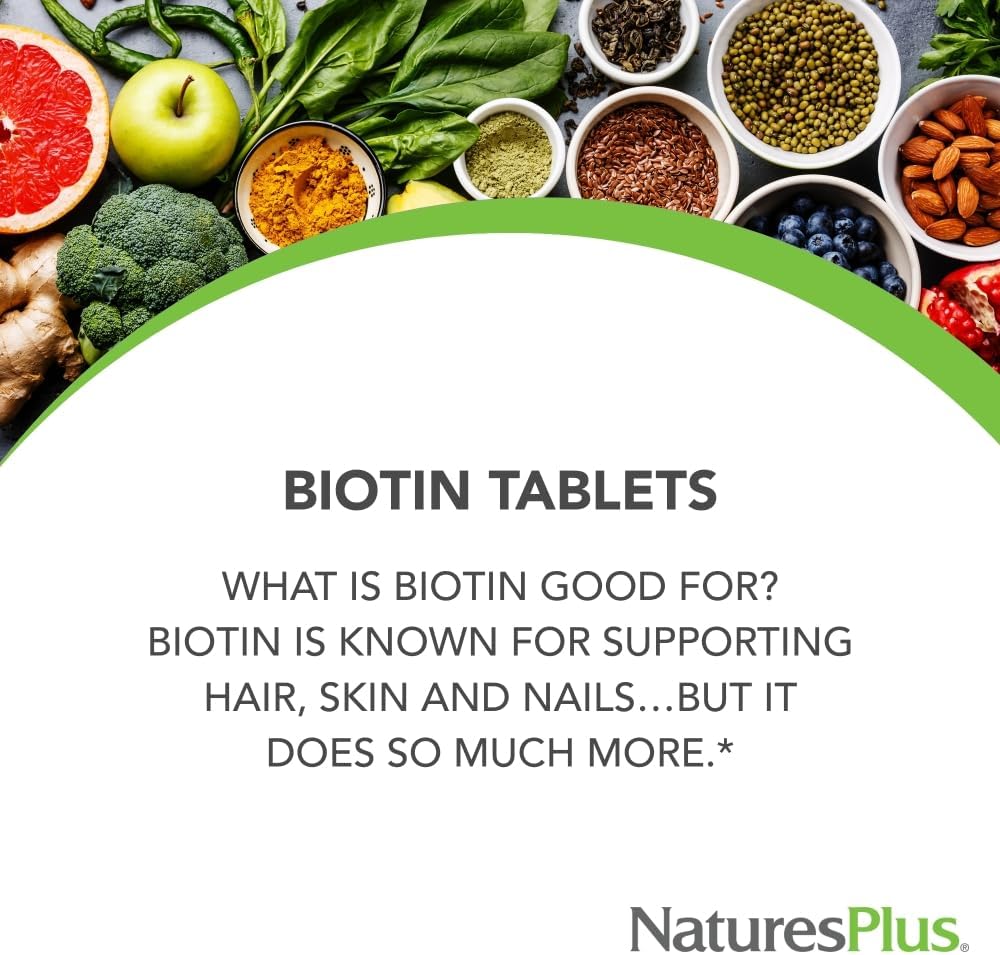 NaturesPlus Biotin 10,000 mcg - 90 Sustained Release Tablets - Hair, Skin & Nails Support - High Potency Vitamin B - Vegetarian, Gluten Free