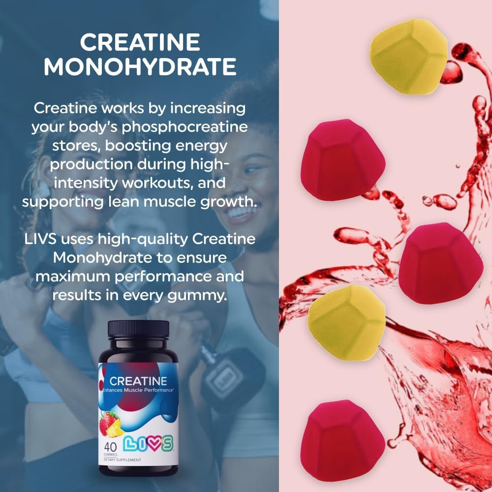 LIVS Creatine Monohydrate Gummies 5g - Suplemento Pre-Entreno para Hombres y Mujeres - Crecimiento Muscular, Fuerza y Recuperación - Vegano, Halal, Kosher, Non-GMO - Sabor Tropical Fruit Punch - 40 Gomitas