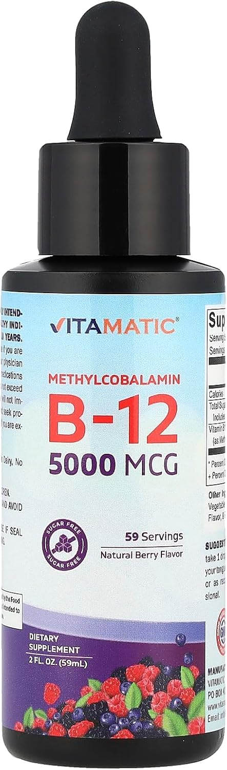 Vitamatic Vitamina B12 Líquida 5000 mcg Metilcobalamina, Sabor a Bayas, Fórmula Sublingual, 59 ml
