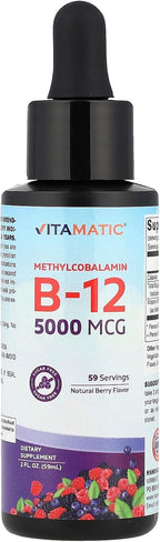 Vitamatic Vitamina B12 Líquida 5000 mcg Metilcobalamina, Sabor a Bayas, Fórmula Sublingual, 59 ml
