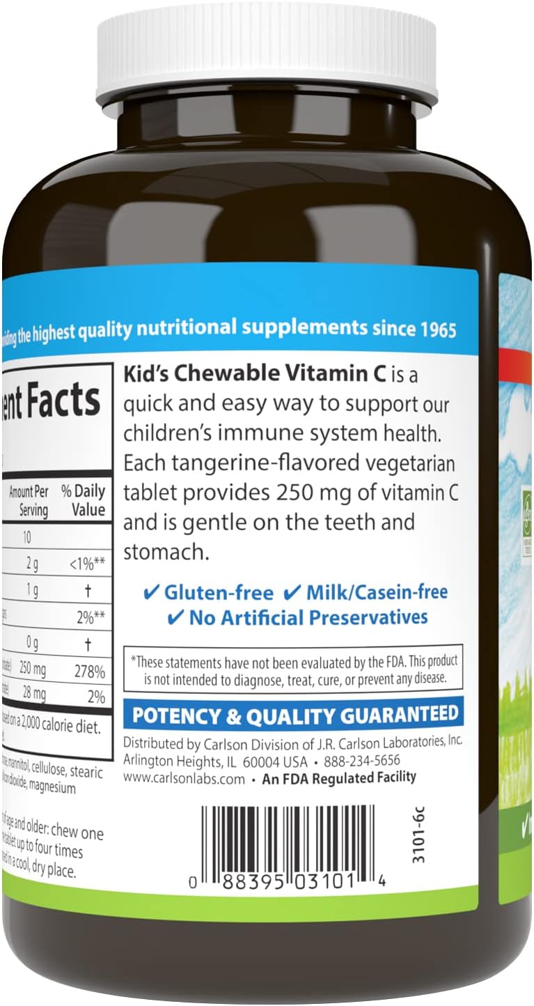 Carlson Kids Vitamin C Chewable, 250 mg, Tangerine Flavor, 120 Vegetarian Tablets