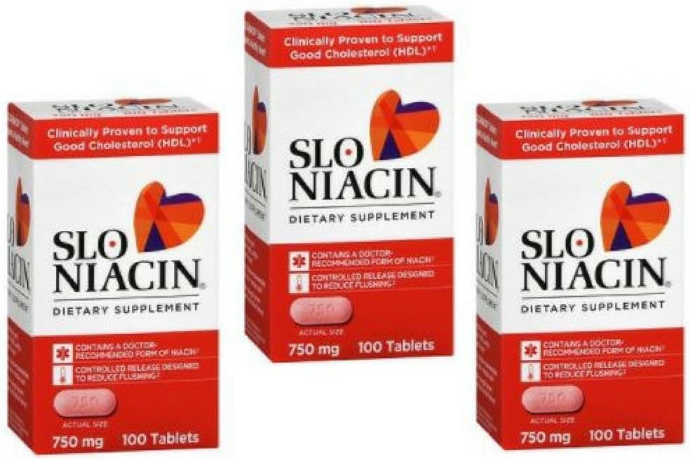 SLO-NIACIN 750 mg Niacina (Vitamina B3) - 100 Comprimidos de Liberación Controlada - Paquete de 3