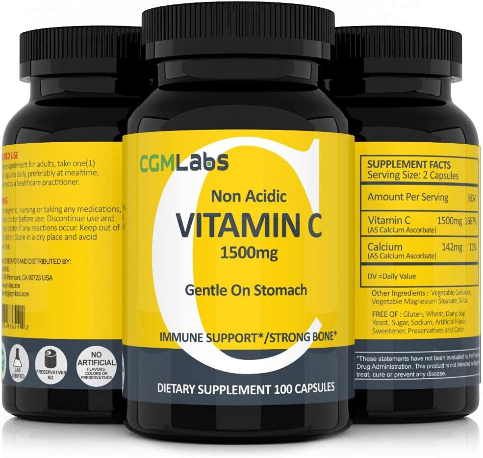 Suplemento de Vitamina C No Ácida 1500 mg con Calcio - Suave para el Estómago - 100 Cápsulas - CGM Labs