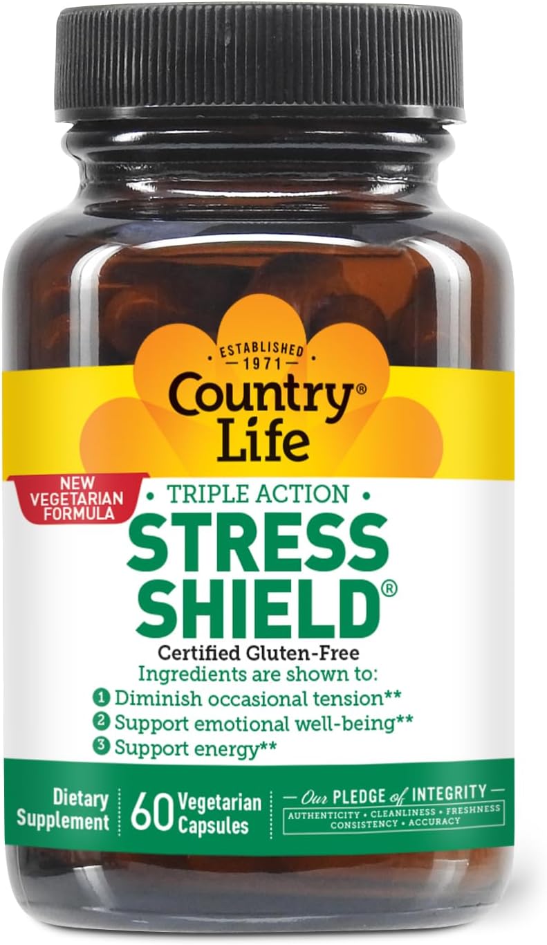 Country Life Stress Shield – Alivio del Estrés y Tensión con Ashwagandha y Vitaminas B, 60 Cápsulas