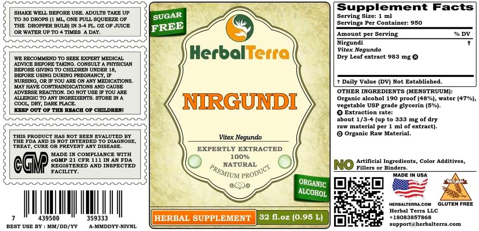Nirgundi (Vitex Negundo) Extracto Líquido de Hojas Secas - 32 oz (946 ml)