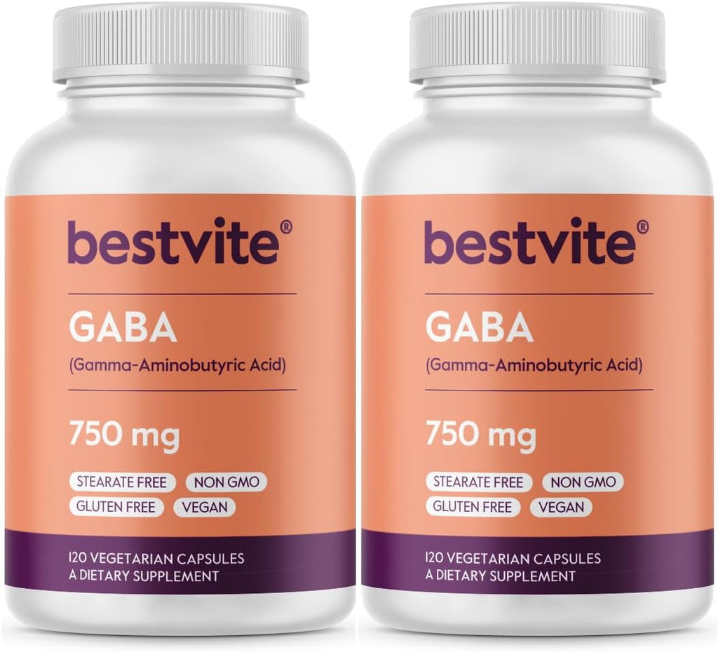 BESTVITE GABA 750 mg por cápsula (120 cápsulas vegetales) - Sin estearatos - Sin rellenos - Vegano - Sin gluten - Sin OMG