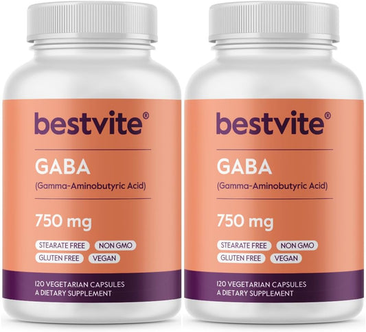 BESTVITE GABA 750mg por Cápsula - 240 Cápsulas Vegetarianas - Sin Estearatos - Vegano - Sin Gluten - No GMO