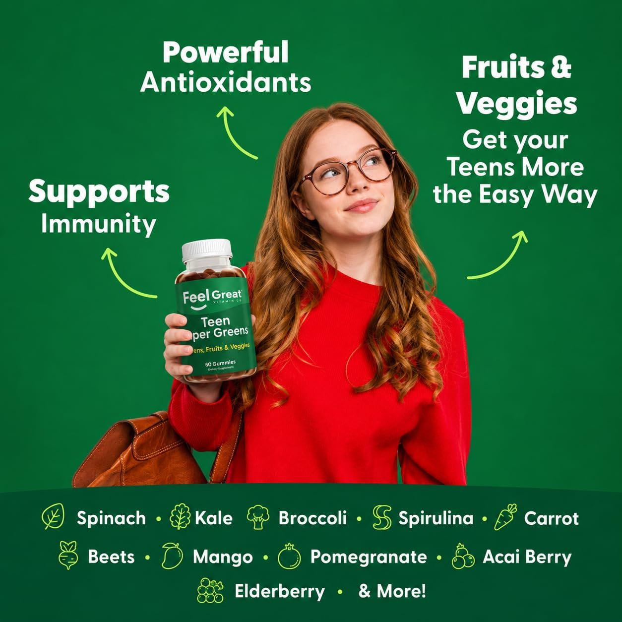 Feel Great Super Green Gummies Teen Vitamins | Gominolas Multivitamínicas Veganas para Adolescentes | Suplemento de Frutas y Verduras | 60 Unidades