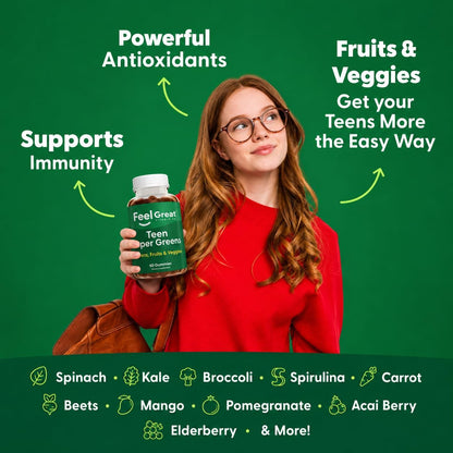 Feel Great Super Green Gummies Teen Vitamins | Gominolas Multivitamínicas Veganas para Adolescentes | Suplemento de Frutas y – Image 4