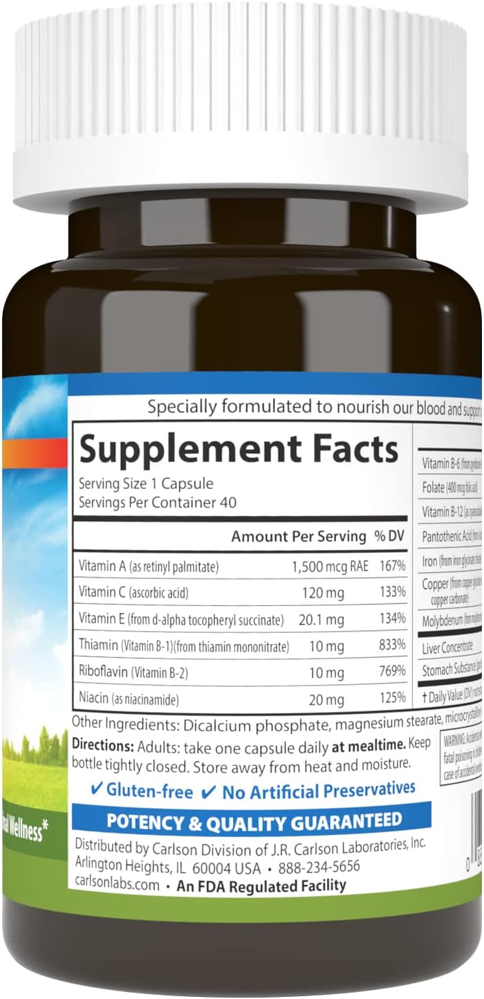 Carlson Blood Nutrients - 28 mg Hierro, 40 Cápsulas