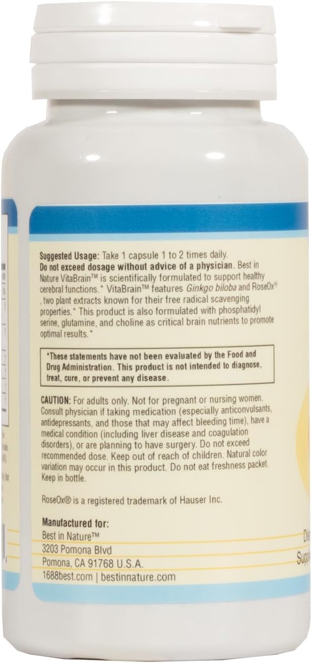 Best in Nature VitaBrain Suplemento de Apoyo Cerebral - 60 Cápsulas